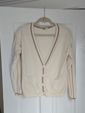 Pink Republic Cream V-Neck Cardigan with Taupe Trim